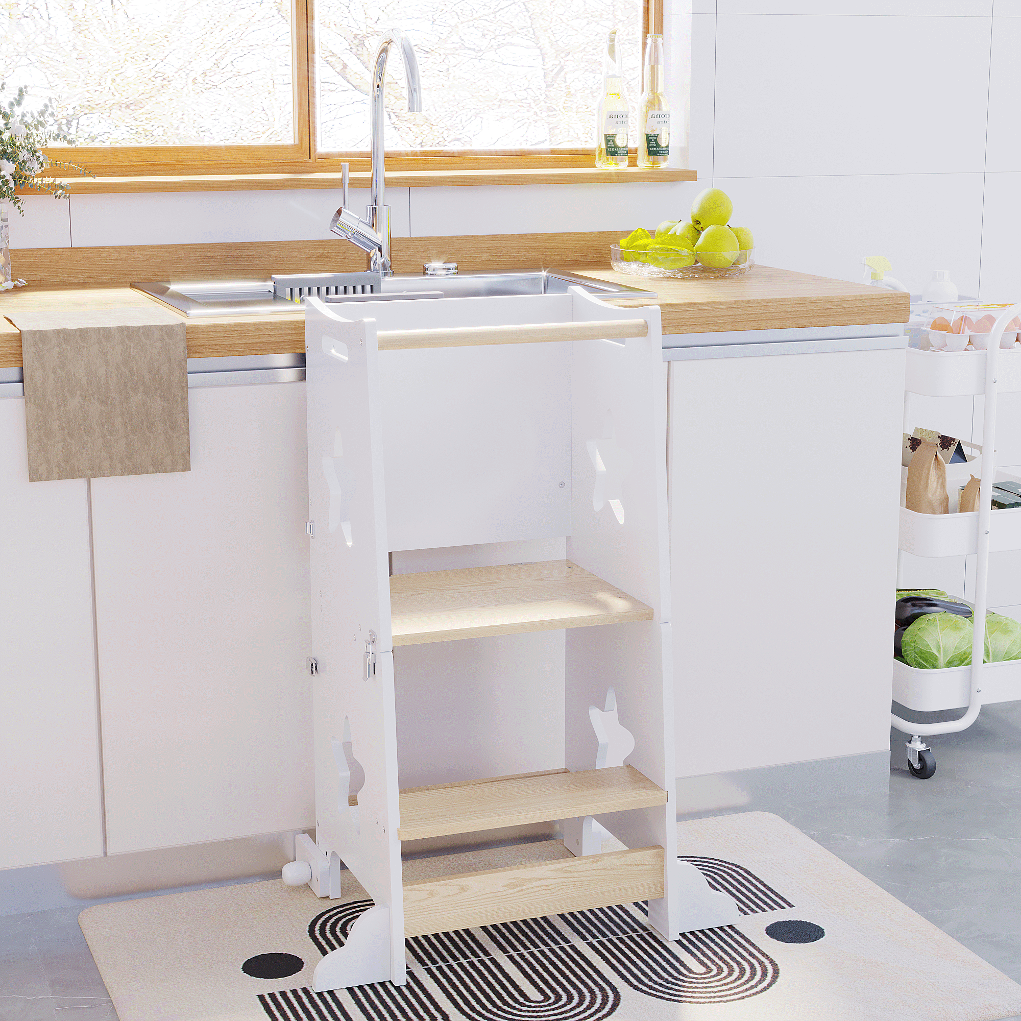 3-in-1 Toddler Kitchen Step Stool, Foldable Learning Standing Tower with Blackboard, Wooden Kitchen Stool Helper for Kids, 1-