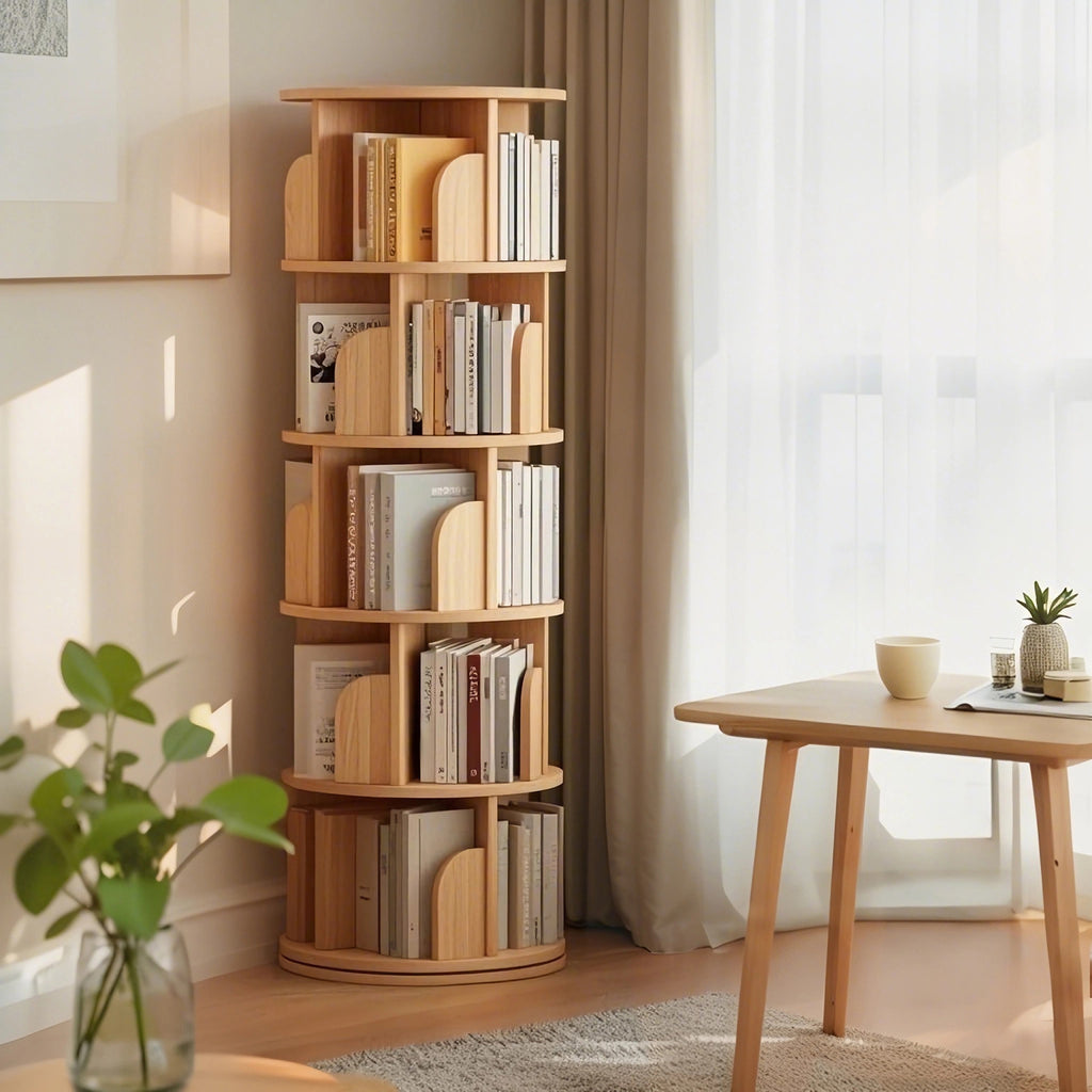 5 Tier Rotating Bookshelf, 360° Display Round Spinning Bookshelf, Space-Saving, Small Space Rotating Bookshelf Tower for Bedroom, Living Room, Home, Office, Wood Color - Grand Goldman Shop