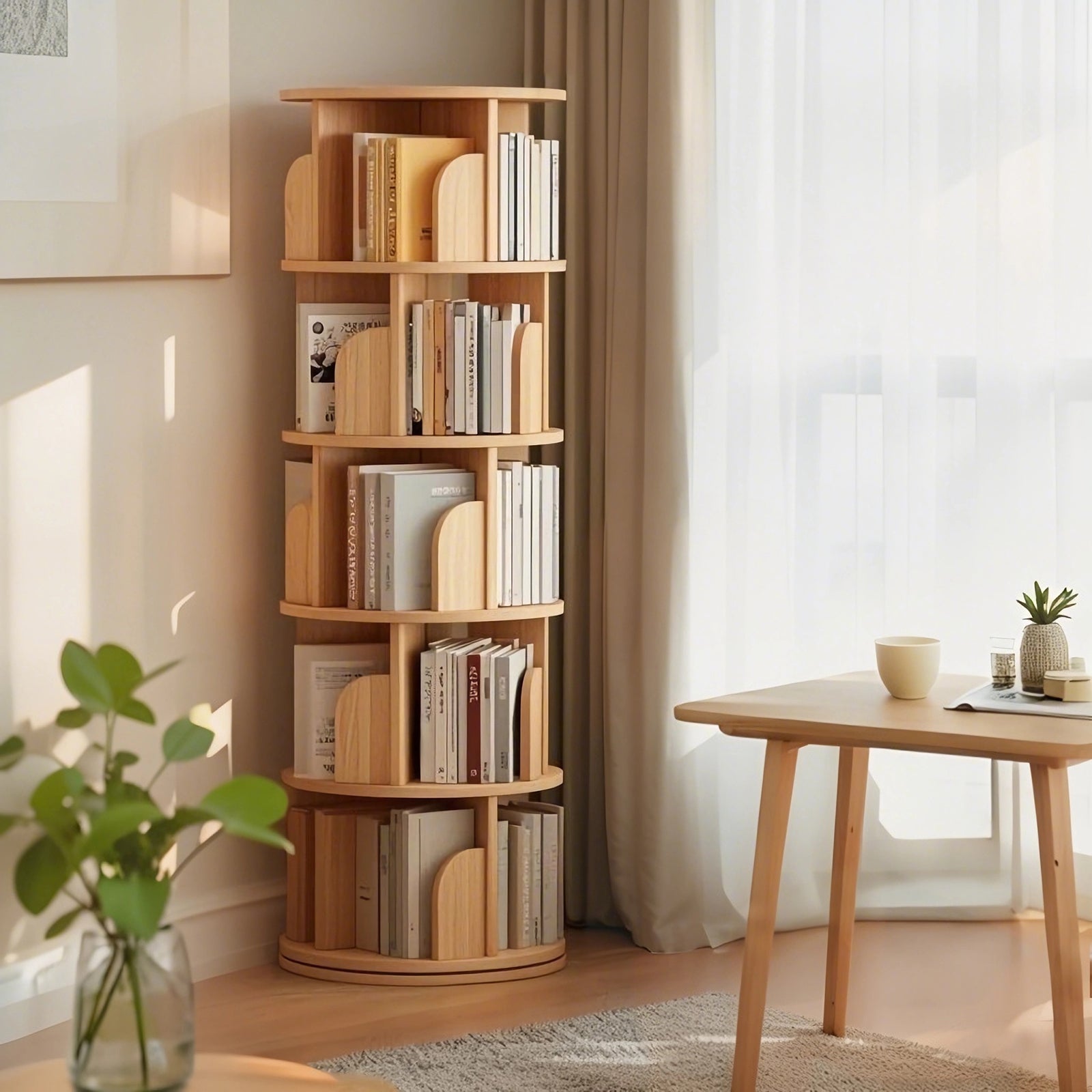 5 Tier Rotating Bookshelf, 360° Display Round Spinning Bookshelf, Space-Saving, Small Space Rotating Bookshelf Tower for Bedroom, Living Room, Home, Office, Wood Color - Grand Goldman Shop
