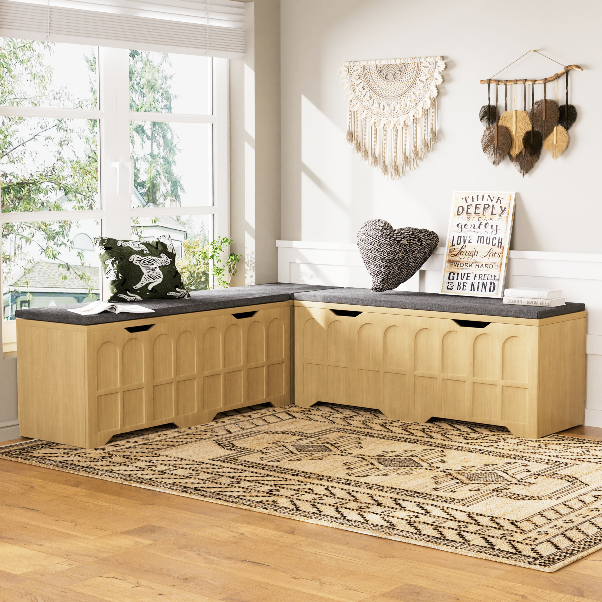 3-Piece L-shaped multifunctional storage bench with padded shoe bench, serves as a kitchen corner stool, toy storage box, or reading nook seat, natural color, 63'D x 63'W x 19.1'H - Grand Goldman Shop