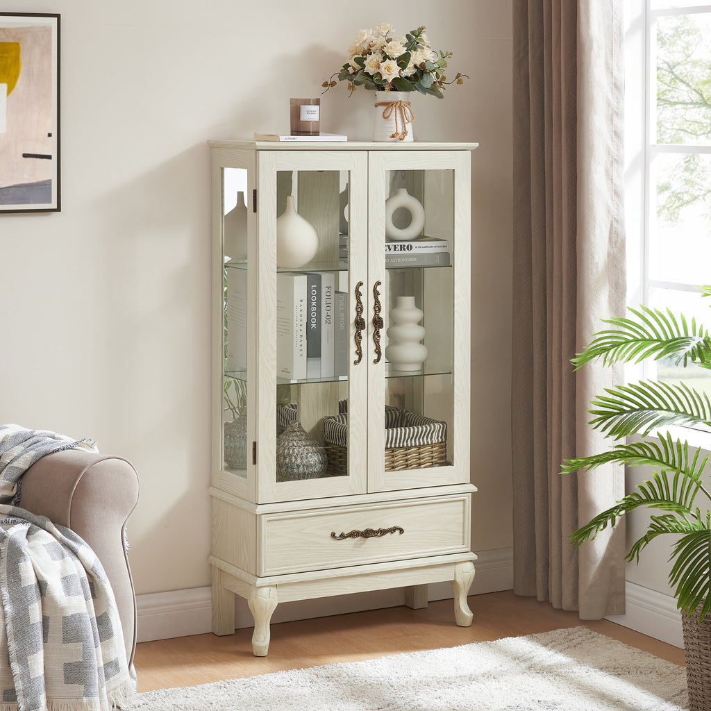 Curio Cabinet Lighted Glass Cabinet Glass Wine Cabinet Curio Display Cabinet with Adjustable Glass Shelves 2 Doors and 1 drawer Cabinet Sideboard With Bulb Included Antique White - Grand Goldman Shop