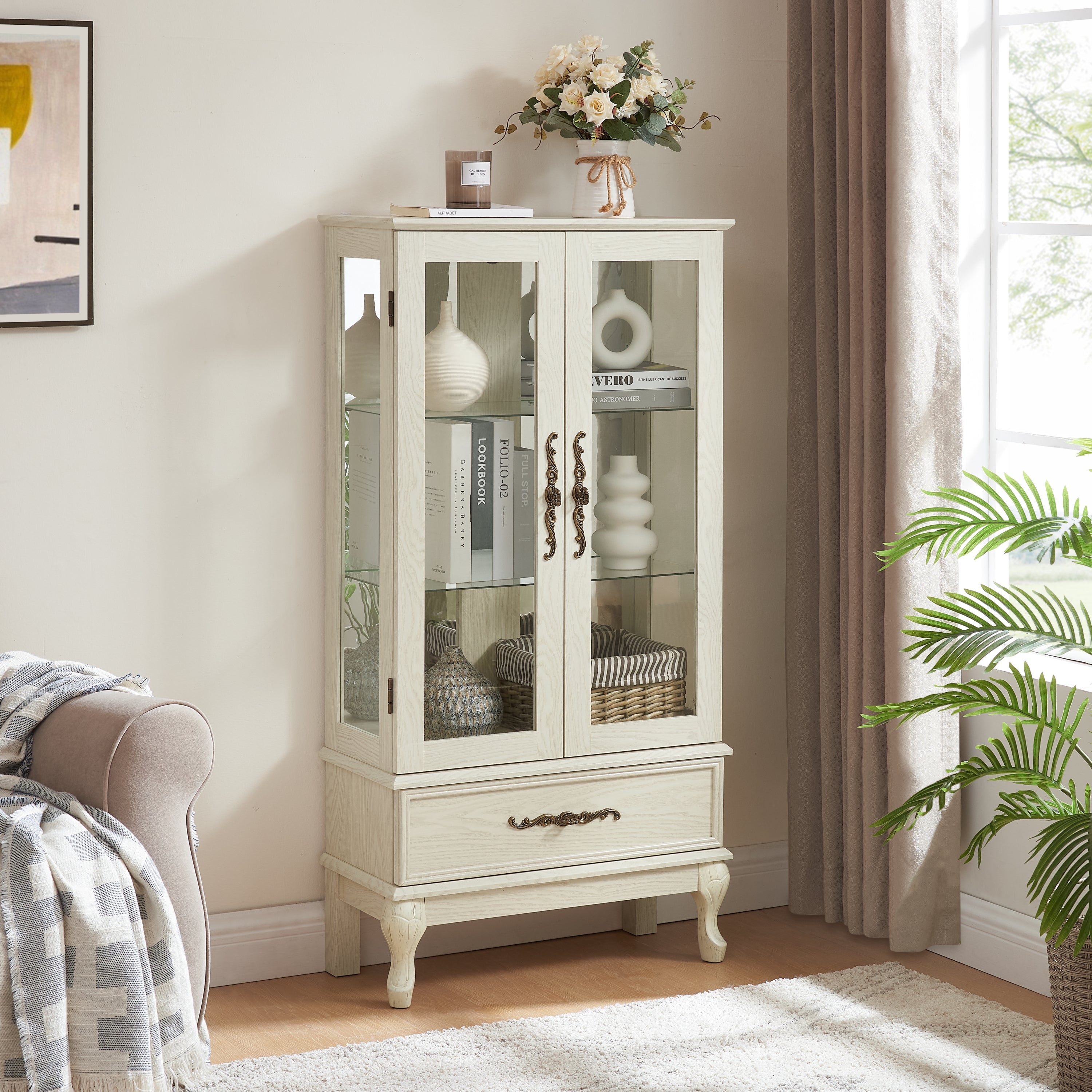 Curio Cabinet Lighted Glass Cabinet Glass Wine Cabinet Curio Display Cabinet with Adjustable Glass Shelves 2 Doors and 1 drawer Cabinet Sideboard With Bulb Included Antique White - Grand Goldman Shop