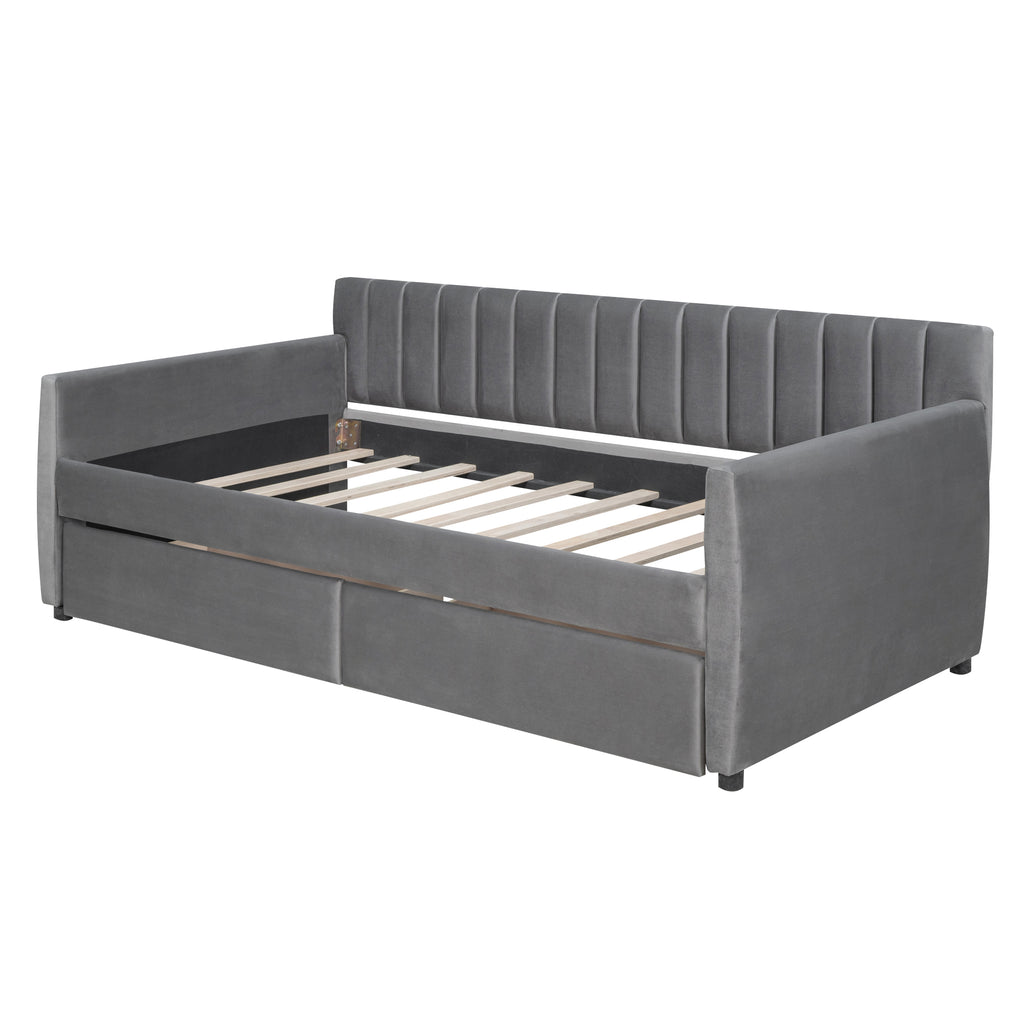 Twin Size Upholstered daybed with Drawers, Wood Slat Support, Gray - Grand Goldman Shop