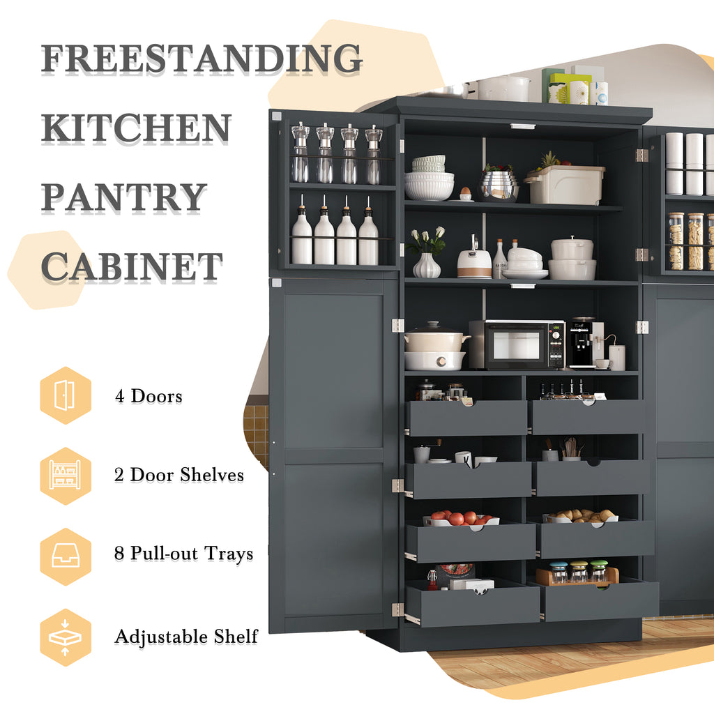 [Assembly Video Provided] TOPMAX 35.5x17.6x70.9inch Freestanding Kitchen Pantry Cabinet, Tall Storage Cabinet with 4 Doors, 2 Door Shelves, 8 Pull-out Trays and Adjustable Shelf for Dining Room, Gray - Grand Goldman Shop