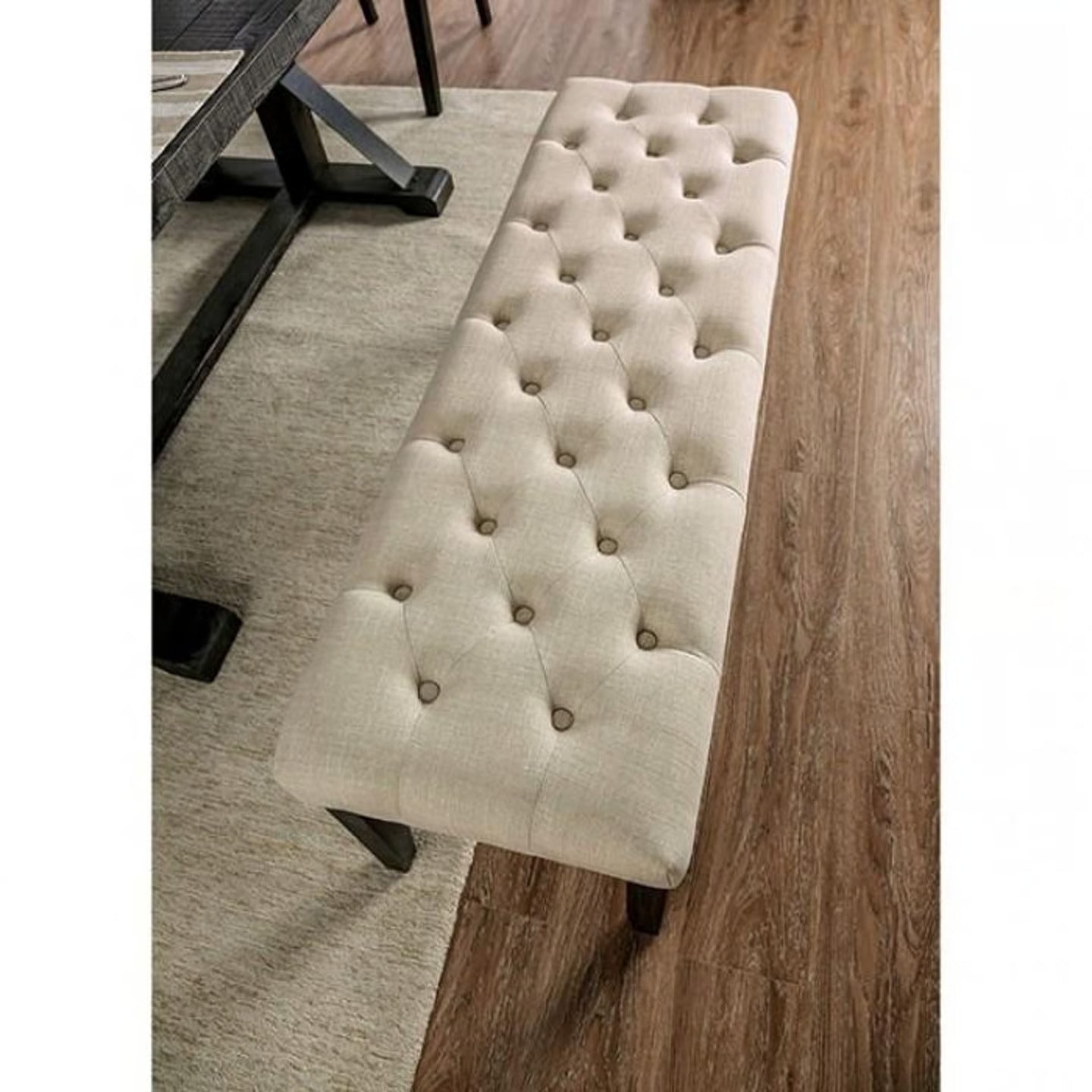 Classic Ivory 1PC BENCH Button Tufted Linen Like Fabric Solid wood Chair Upholstered Seat Breakfast Rustic Dining Room Furniture - Grand Goldman Shop