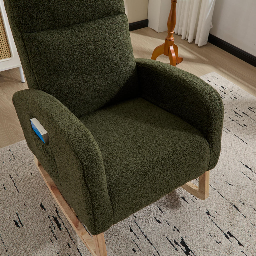 Modern Accent Rocking Chair Rocking Chair with Solid Wood Legs, Upholstered Nursery Glider Rocker, Comfy Armchair with Side Pocket, Living Room Lounge Arm Chair with High Backrest (green,teddy) - Grand Goldman Shop