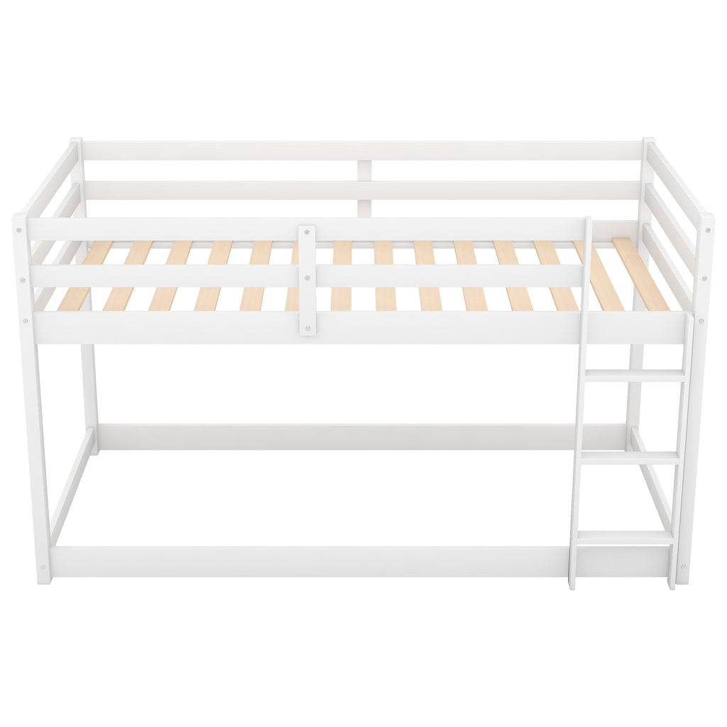 White Twin Over Twin Floor Bunk Bed with Ladder, Solid Pine Wood, 79.1''L x 42''W x 46.5''H - Grand Goldman Shop