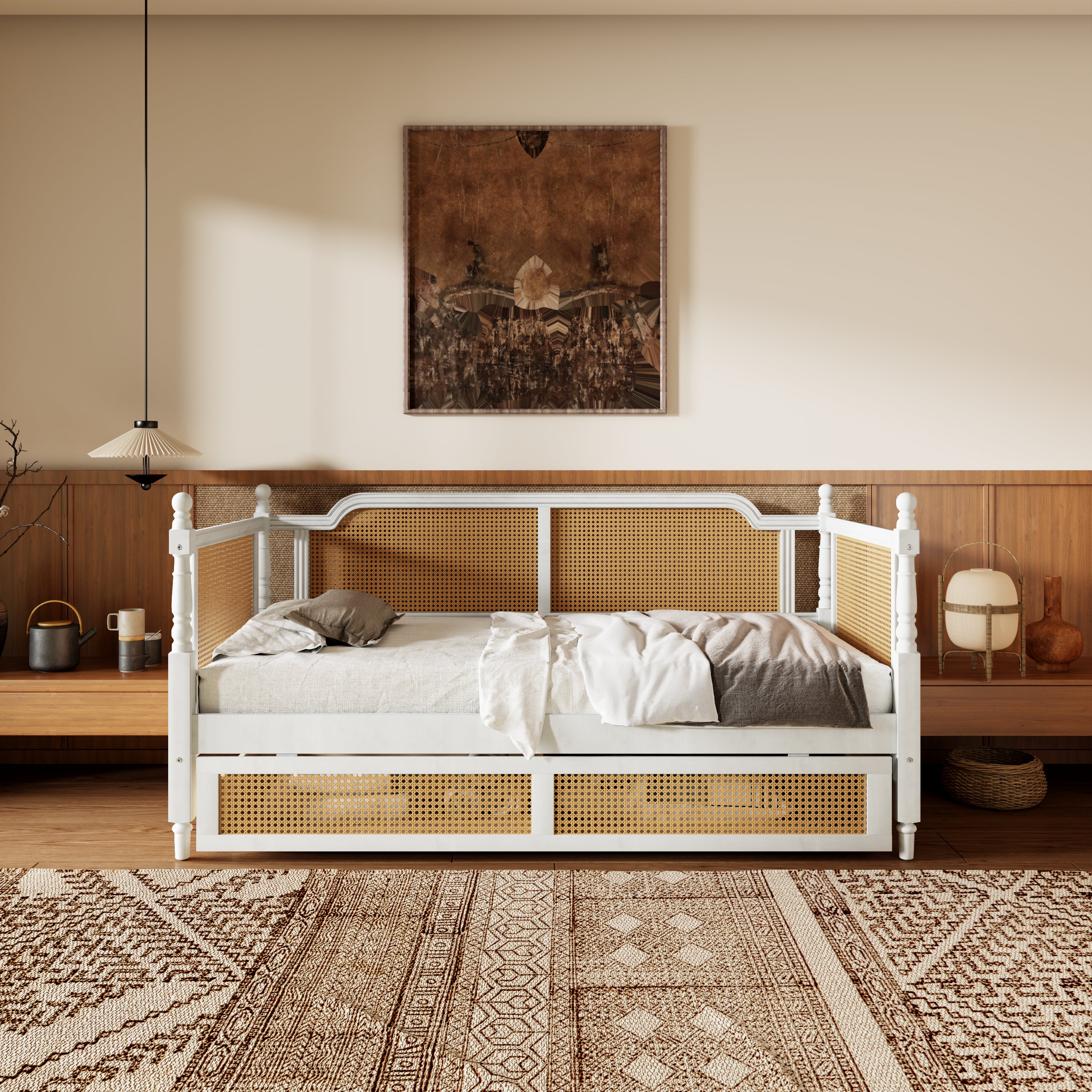 Traditional Style Rattan Twin Size Daybed with 2 Drawers, Antique White, Solid Pine Wood & MDF - Grand Goldman Shop
