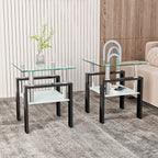 Modern Tempered Glass Tea Coffee End Table Set of 2, Transparent/Black, Metal Legs, Square Design - Grand Goldman Shop