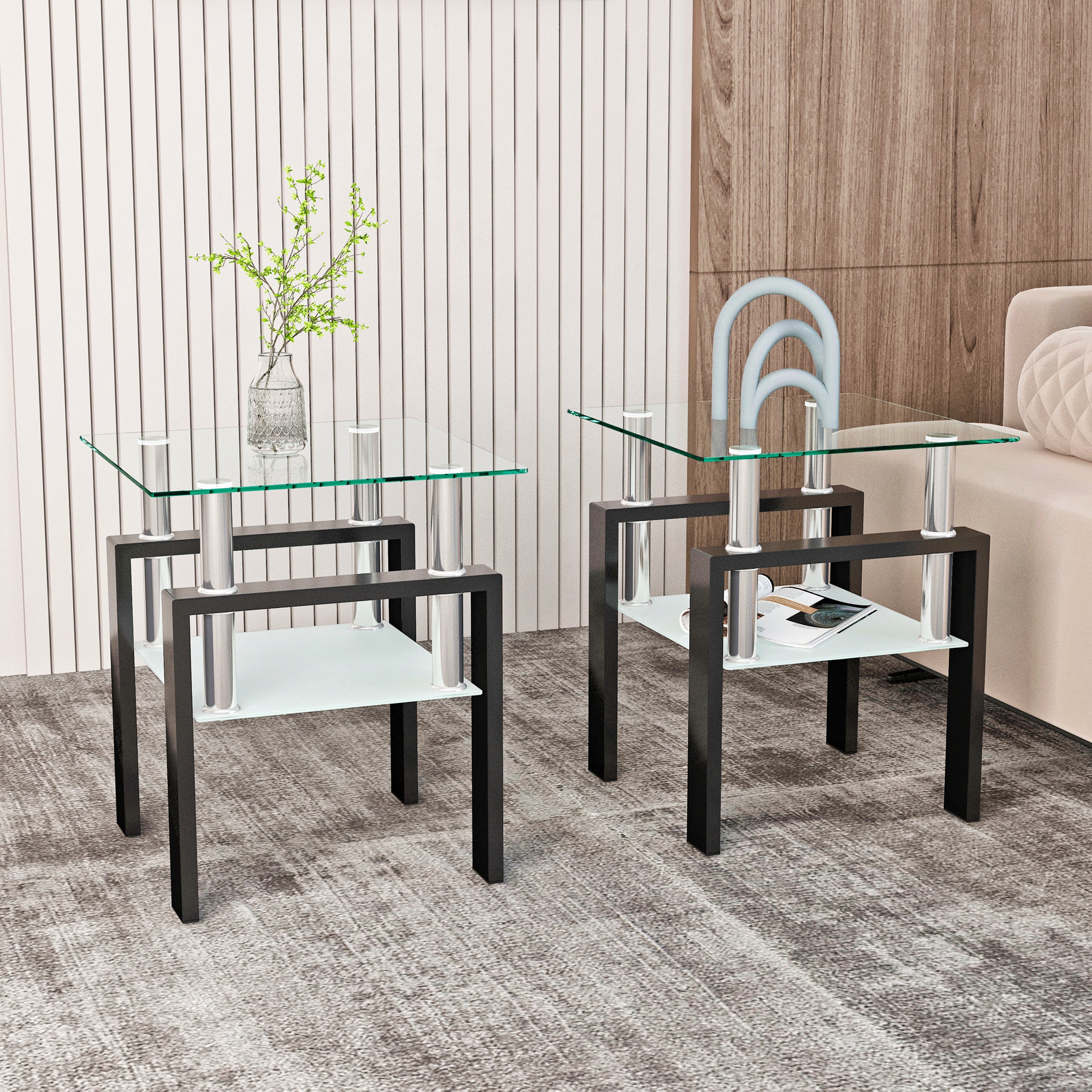 Modern Tempered Glass Tea Coffee End Table Set of 2, Transparent/Black, Metal Legs, Square Design - Grand Goldman Shop