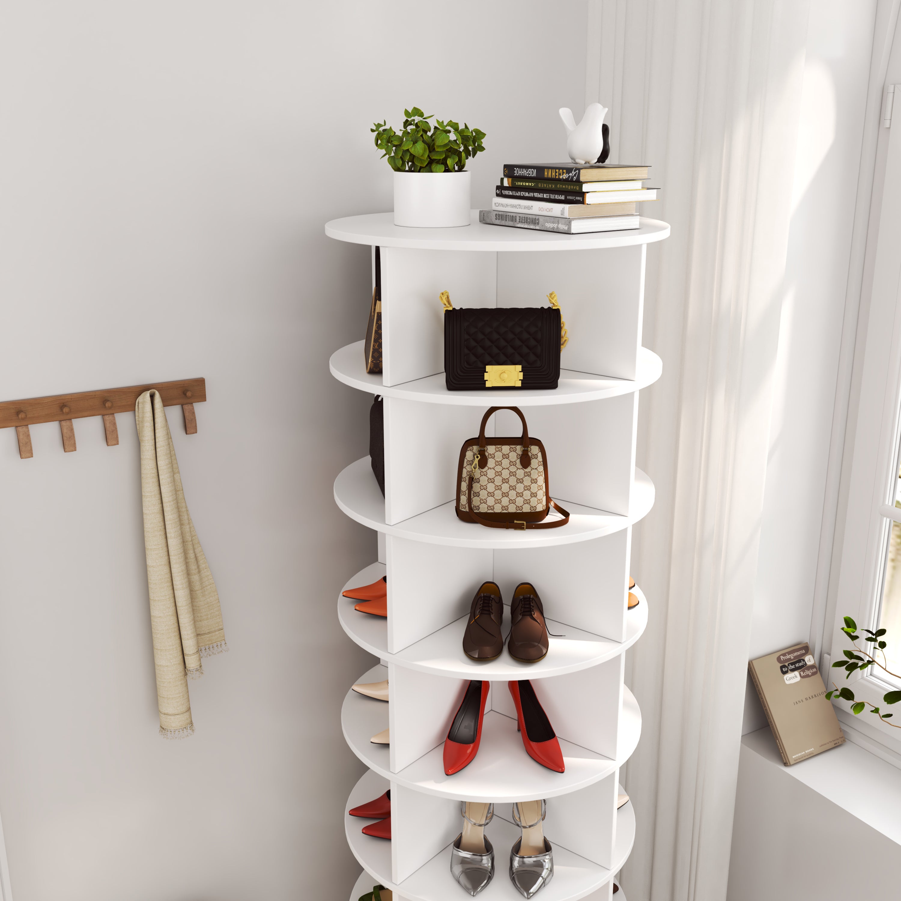 Modern 360 Rotating Shoe Cabinet 7 Layers Space Saver White Particle Board MDF - Grand Goldman Shop