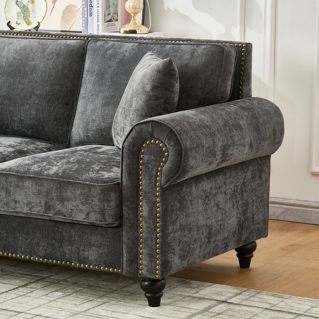 Modern 2-Seater Sofa with Rolled Arms, Tufted Upholstered Couch in Gray Fabric, 63 Inches - Grand Goldman Shop