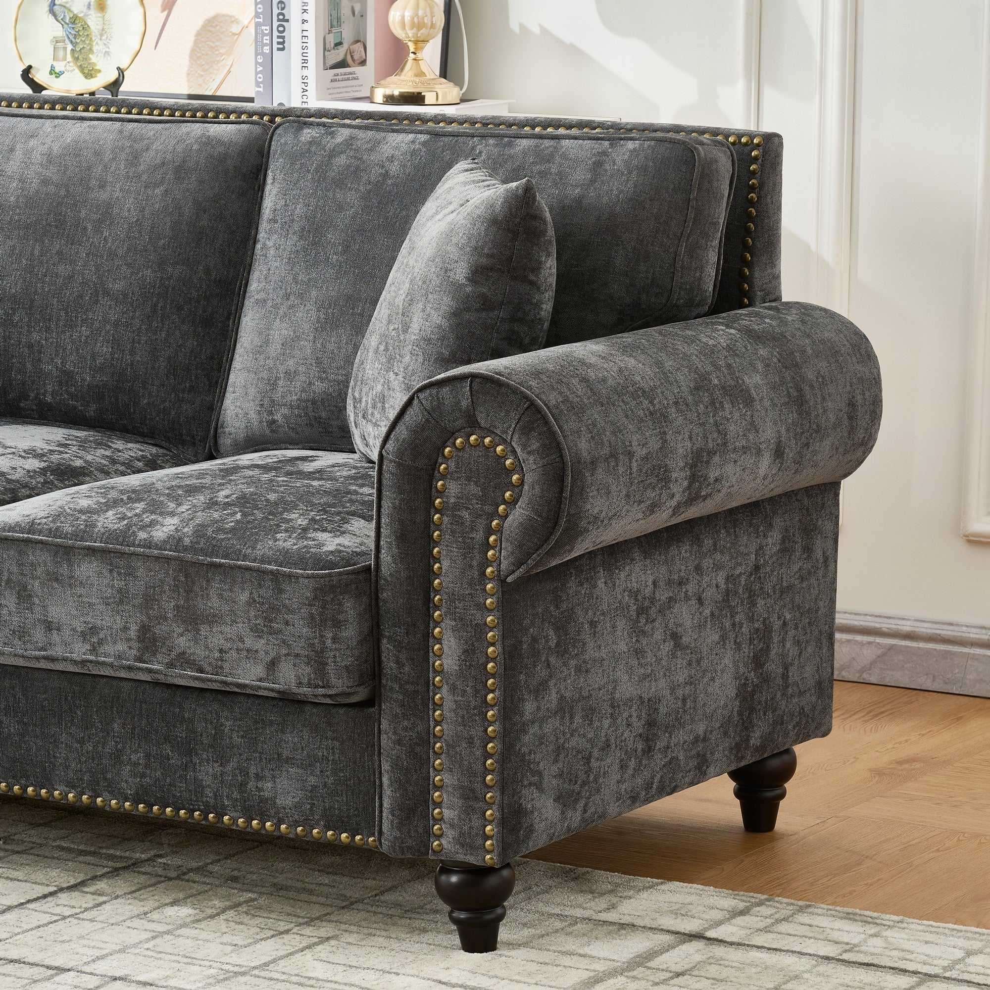 Modern 2-Seater Sofa with Rolled Arms, Tufted Upholstered Couch in Gray Fabric, 63 Inches - Grand Goldman Shop