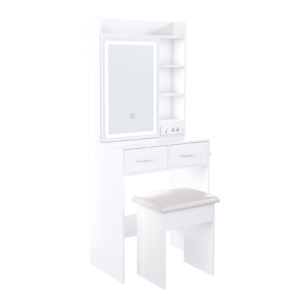 Space-Saving White Makeup Vanity Desk with Mirror & Adjustable LED Lights, Built-in Power Outlet, Hidden Storage, Includes Stool & Shelf - Grand Goldman Shop