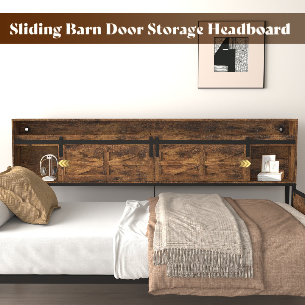 Twin Daybed with Trundle, Farmhouse Daybed Frame with Sliding Barn Door Headboard and Charging Station & LED Light for Bedroom and Guest Room, Rustic Brown - Grand Goldman Shop