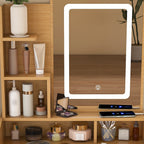 Modern Wood Vanity Table with LED Mirror, Power Outlet, Hairdryer Holder & Padded Stool – Compact Dressing Desk for Small Bedrooms - Grand Goldman Shop