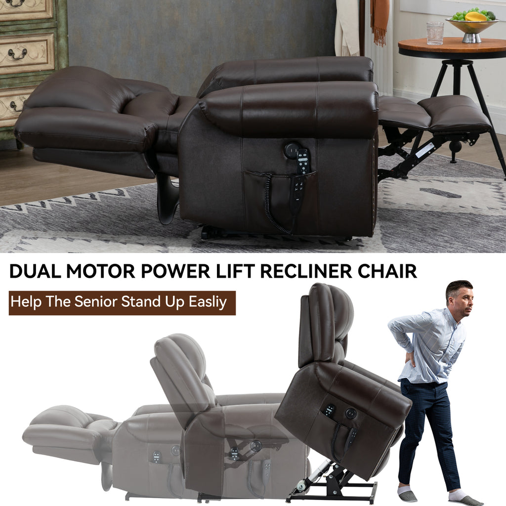 Power Lift Recliner Chair Heat Massage Dual Motor Infinite Position Up to 350 LBS, Genuine Leather, Heavy Duty Motion Mechanism with USB Ports, Brown - Grand Goldman Shop