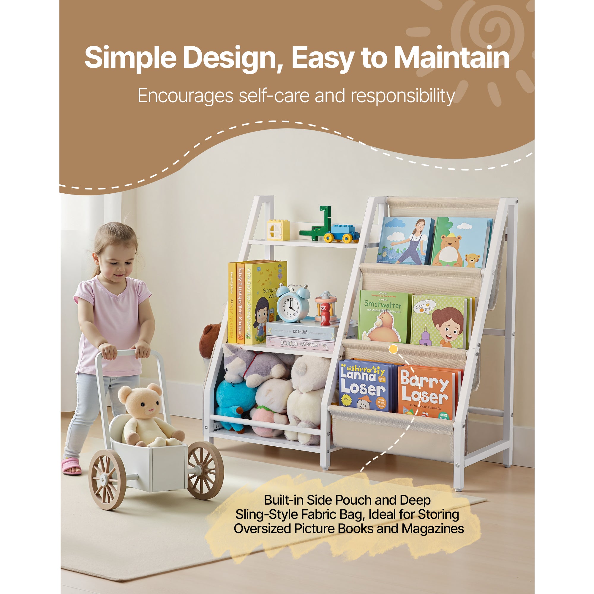 3-Tier Kids Bookshelf, Toy Storage Organizer for Toddler, Book Shelf for Kids Rooms with Sling Book Rack and Storage Bag, Kid