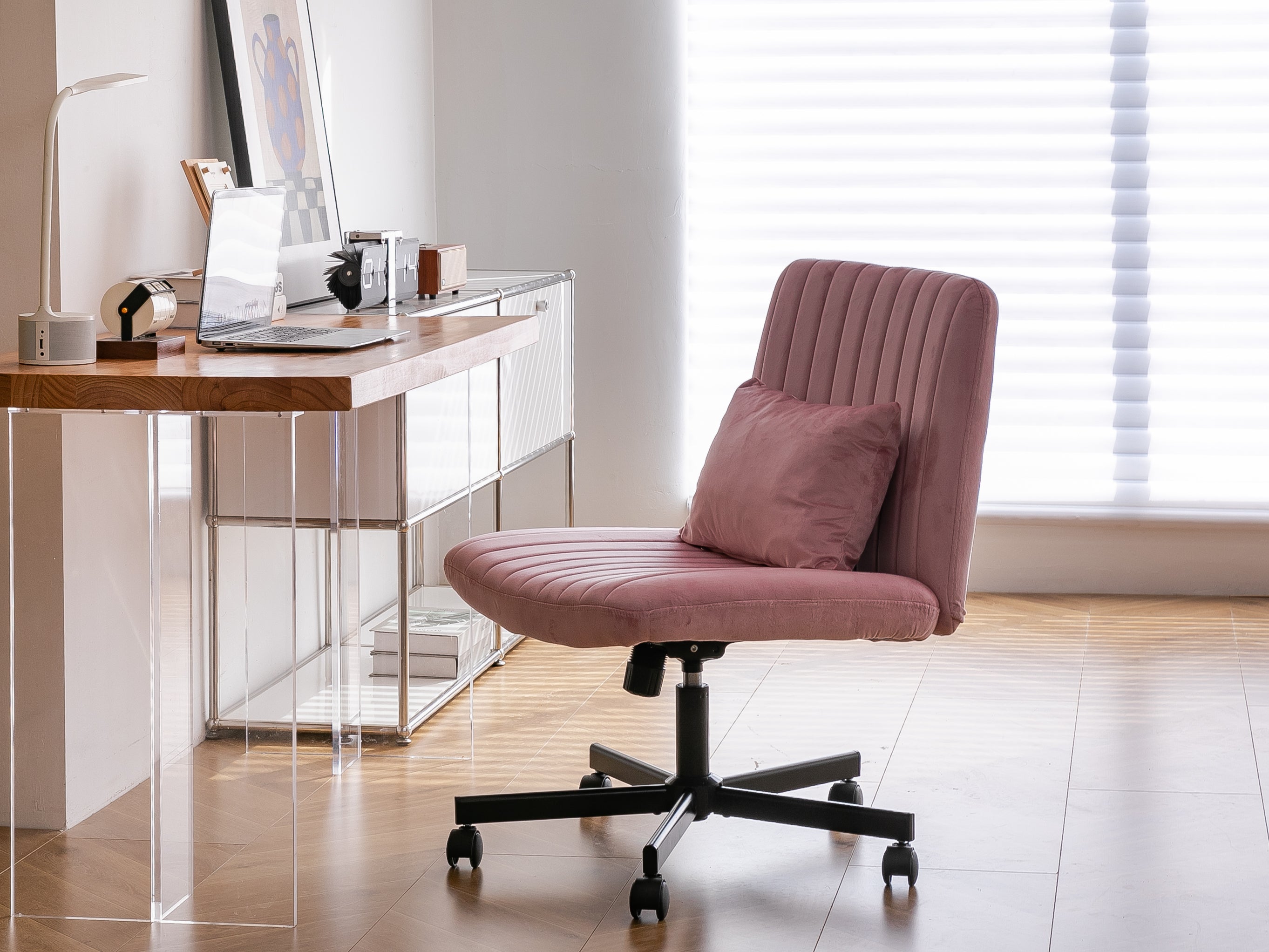 Light Pink Velvet Criss Cross Armless Office Chair with Wheels - Comfortable & Stylish for Home Office, Meditation, and Makeu