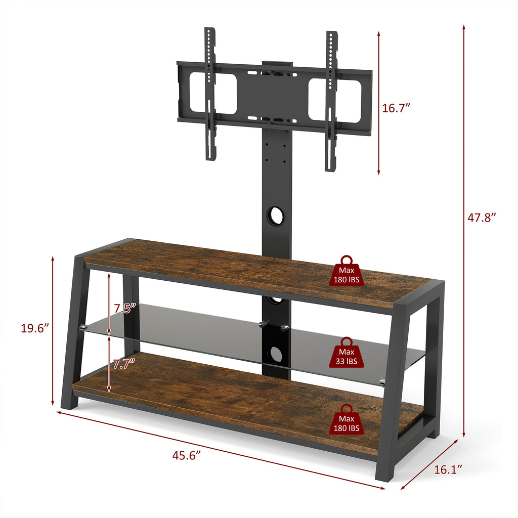 Wooden Storage TV Stand Black Tempered Glass Height Adjustable Universal Swivel Entertainment Center With Mount TV Stand, Rustic Browm - Grand Goldman Shop
