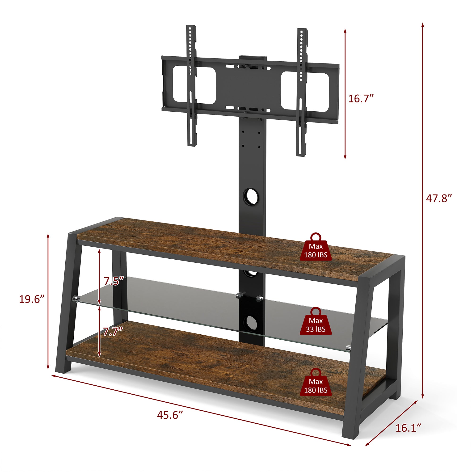 Wooden Storage TV Stand Black Tempered Glass Height Adjustable Universal Swivel Entertainment Center With Mount TV Stand, Rustic Browm - Grand Goldman Shop