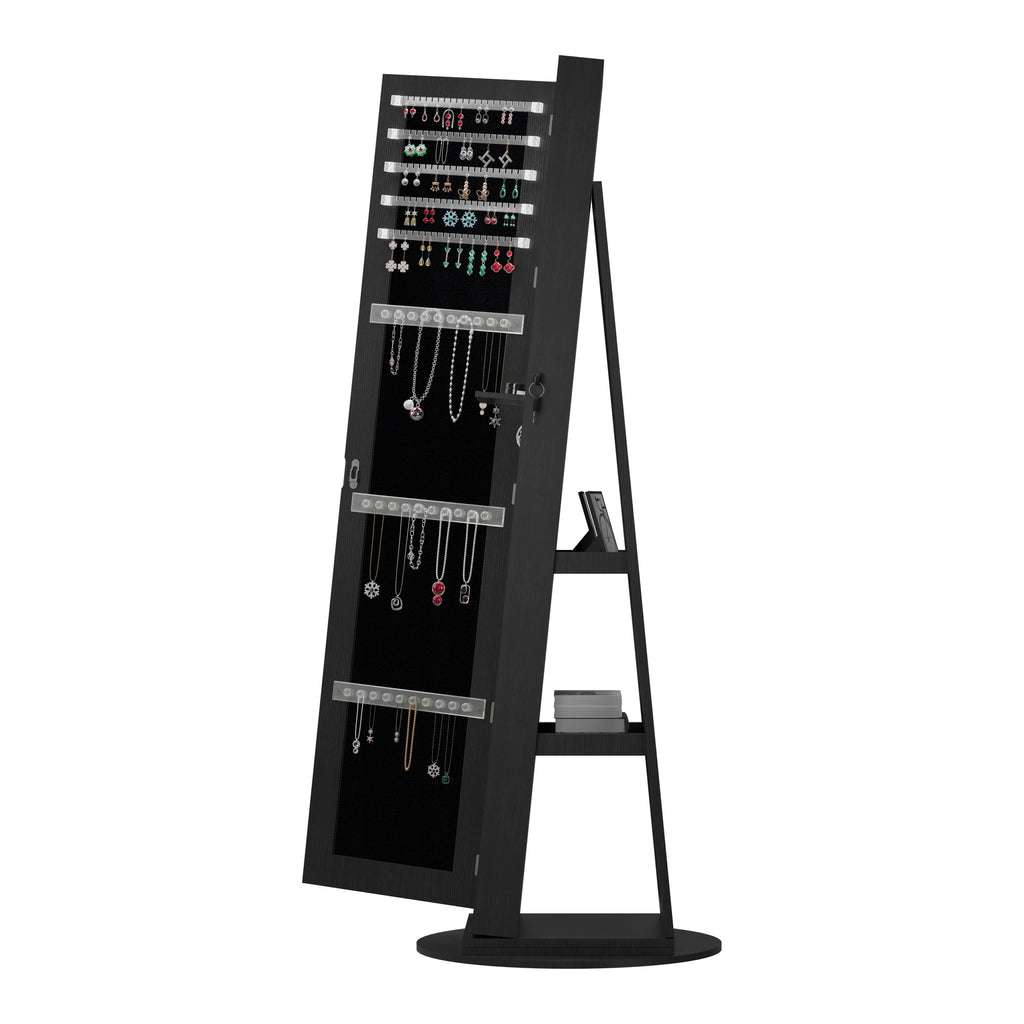 360°Swivel Jewelry Cabinet with Full Length Mirror, 360°Rotating Standing Jewelry Armoire Organizer, Lockable Storage Cabinet, Interior Lighted Mirror, Black - Grand Goldman Shop