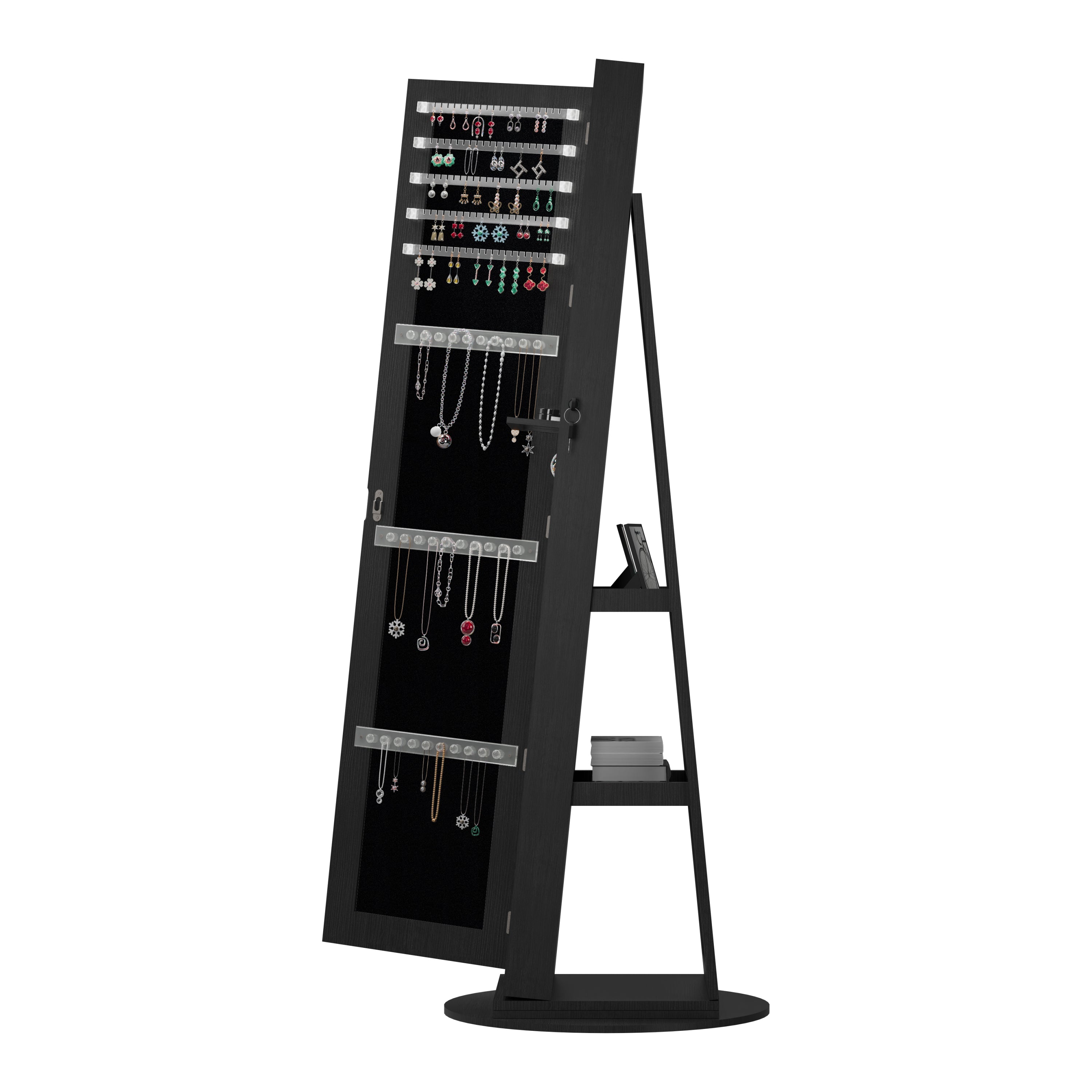 360°Swivel Jewelry Cabinet with Full Length Mirror, 360°Rotating Standing Jewelry Armoire Organizer, Lockable Storage Cabinet, Interior Lighted Mirror, Black - Grand Goldman Shop