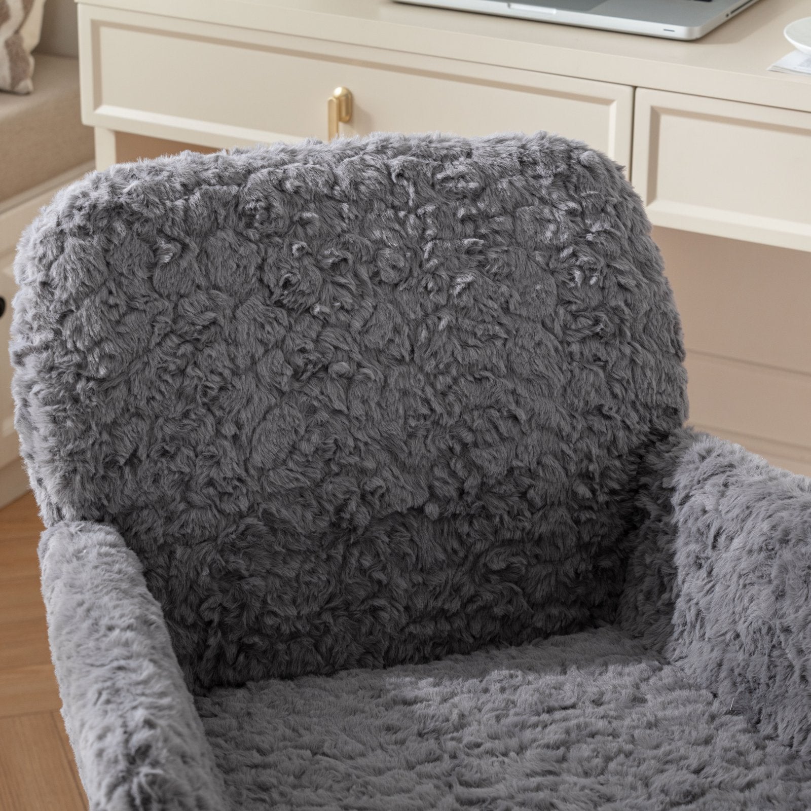 A&A Furniture Gray Adjustable Desk Chair with Artificial Rabbit Hair and Golden Metal Base | Premium Home Decor - Grand Goldm