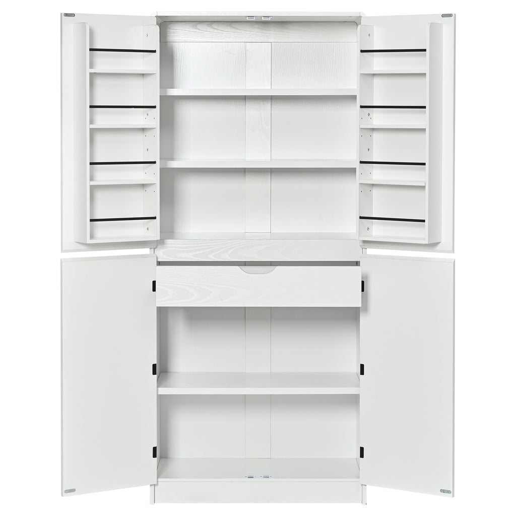 K&K 72' Tall Farmhouse Kitchen Pantry Cabinet with 8 Door Shelves, Curved Design Storage Cabinet with 3 Adjustable Shelves, Hidden Drawer, Versatile Cupboard for Kitchen, Dining & Bathroom, White - Grand Goldman Shop