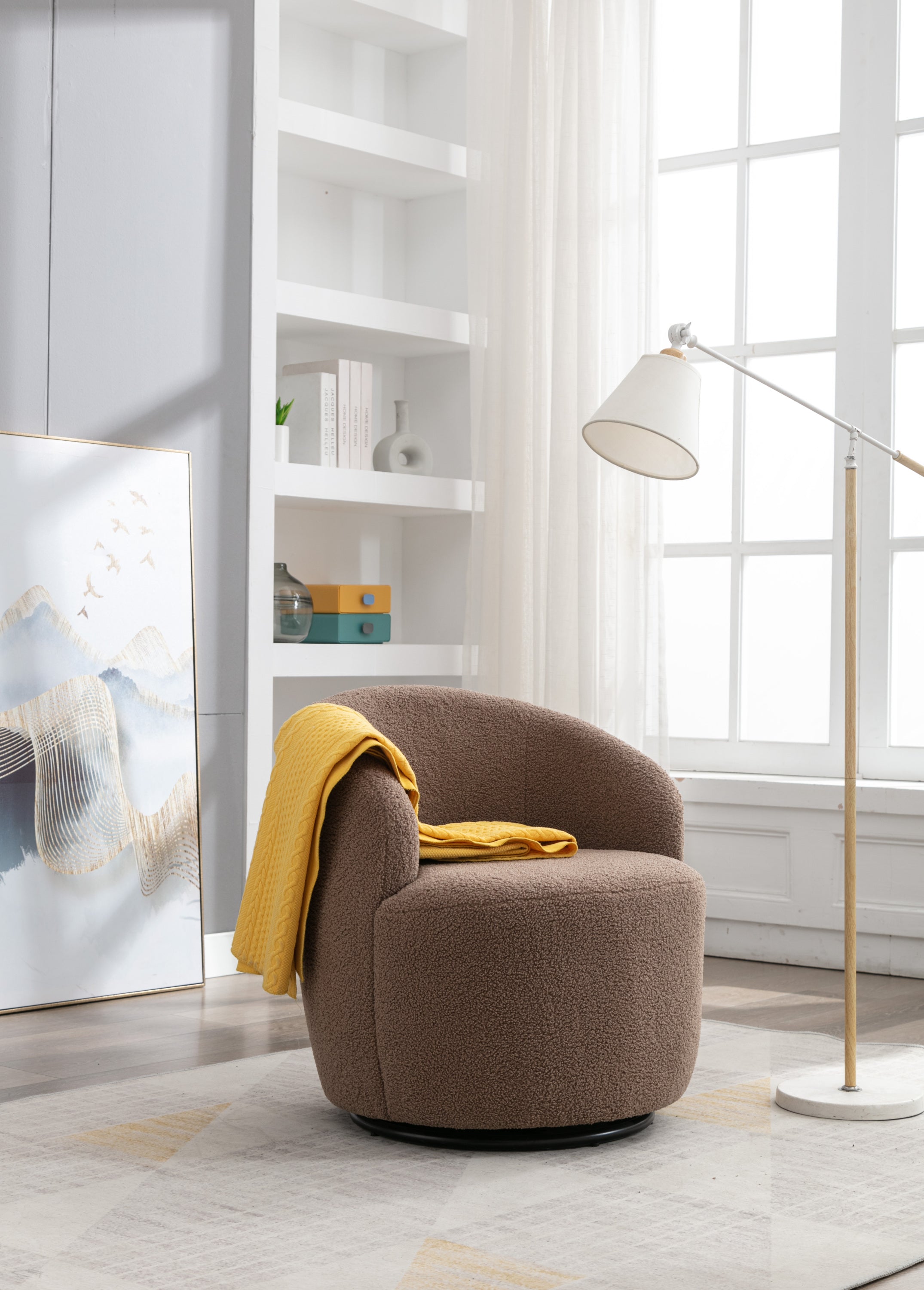 Teddy Fabric Swivel Accent Armchair Barrel Chair With Black Powder Coating Metal Ring,Coffee Brown - Grand Goldman Shop