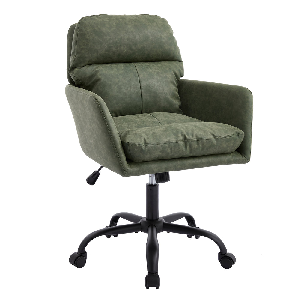 Green PU Leather Office Chair with Adjustable Height, Black Base, Ergonomic Design for Office, Bedroom, and Dressing Table | 