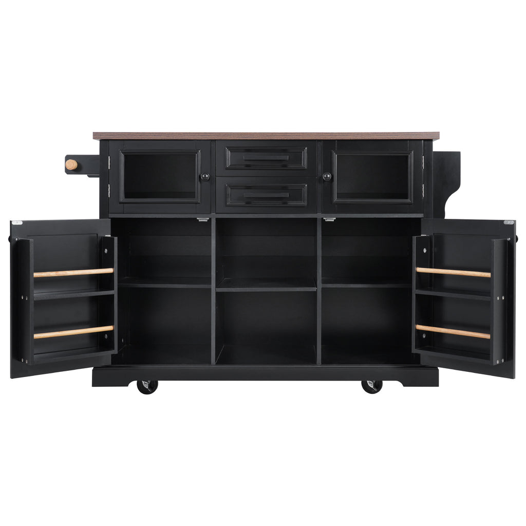 K&K 54.9' Kitchen Island with Drop Leaf, Power Outlet, Kitchen Storage Cart with 4 Door Shelves, Cross Barn Doors & Visual Glass Door, Rolling Kitchen Island on 4 Wheels for Kitchen, Dining Room,Black - Grand Goldman Shop
