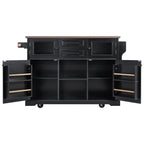 K&K 54.9' Kitchen Island with Drop Leaf, Power Outlet, Kitchen Storage Cart with 4 Door Shelves, Cross Barn Doors & Visual Glass Door, Rolling Kitchen Island on 4 Wheels for Kitchen, Dining Room,Black - Grand Goldman Shop