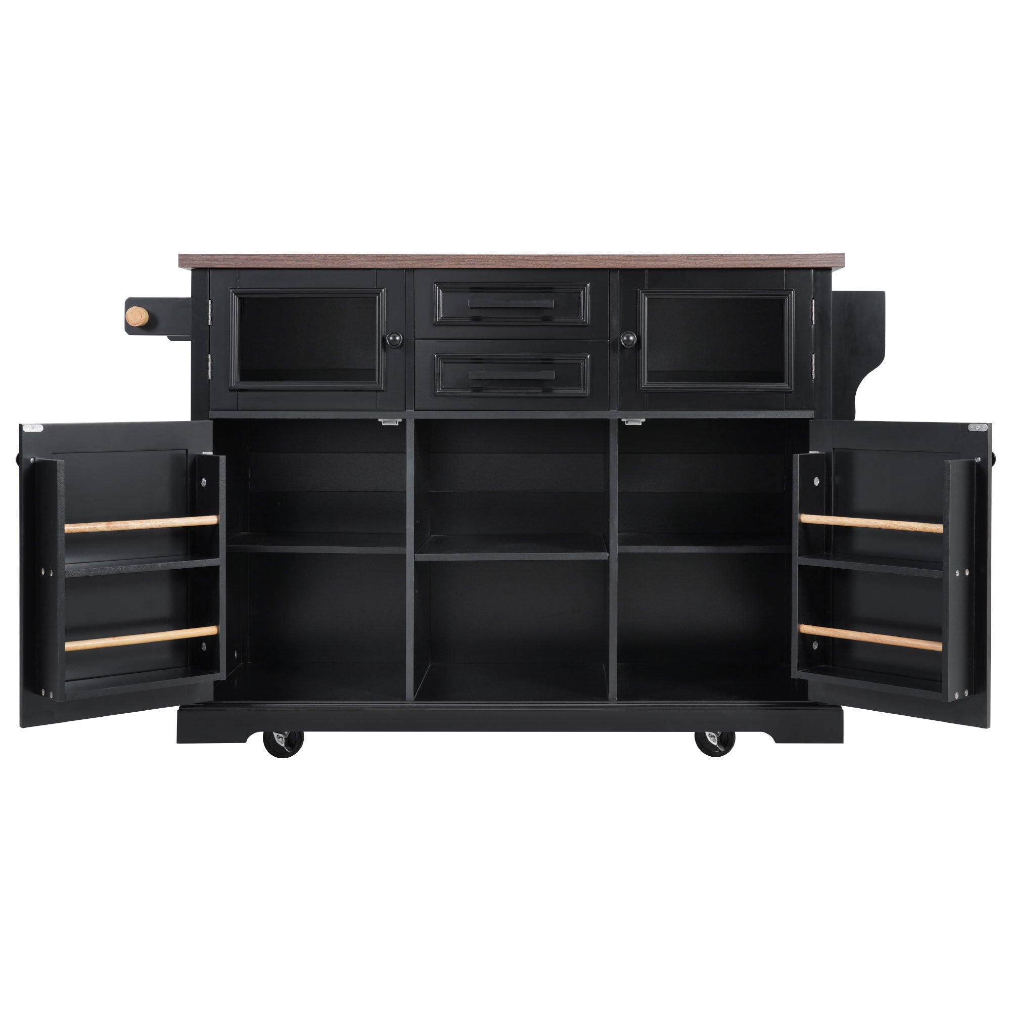 K&K 54.9' Kitchen Island with Drop Leaf, Power Outlet, Kitchen Storage Cart with 4 Door Shelves, Cross Barn Doors & Visual Glass Door, Rolling Kitchen Island on 4 Wheels for Kitchen, Dining Room,Black - Grand Goldman Shop