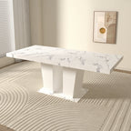 Extendable Dining Room Table for 6-10 Modern White Faux Marble Wooden Expandable Kitchen Table w/Dual Column Pedestal Base, Large Rectangle Dining Table - Grand Goldman Shop