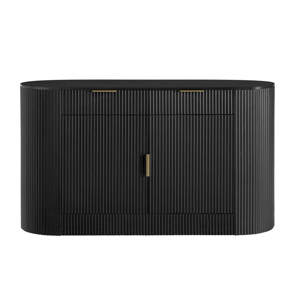 U_STYLE 55.1' Modern Storage Cabinet – 2 Doors & 2 Drawers, Stripe MDF Sideboard with Aluminum Handles, Curved Side Door & 3-Tier Shelves, Buffet Cabinet for Living Room, Bedroom, Dining Room - Grand Goldman Shop