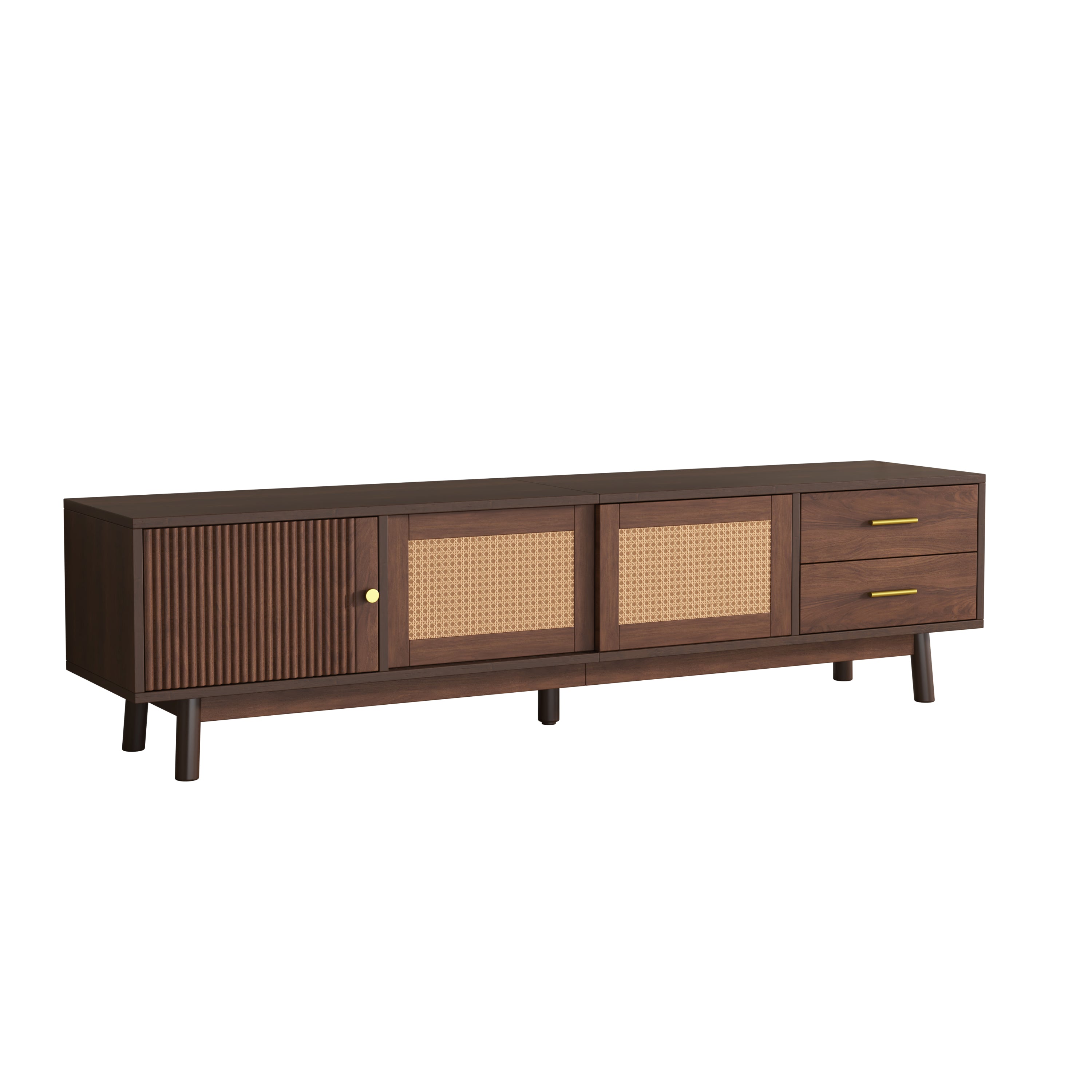 Mid Century Modern TV Stand for 80' TVs with Sliding Doors and Drawers, Dark Brown Rattan Accent Storage Unit in Solid Wood and MDF, 70.87' L x 15.35' W x 18.11' H - Grand Goldman Shop