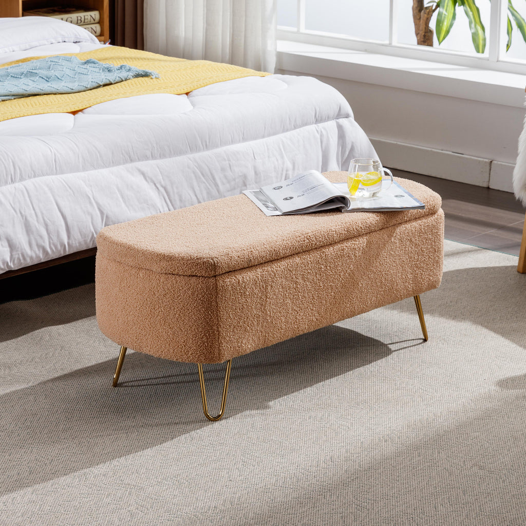Camel Storage Ottoman Bench for End of Bed Gold Legs, Modern Camel Faux Fur Entryway Bench Upholstered Padded with Storage for Living Room Bedroom - Grand Goldman Shop