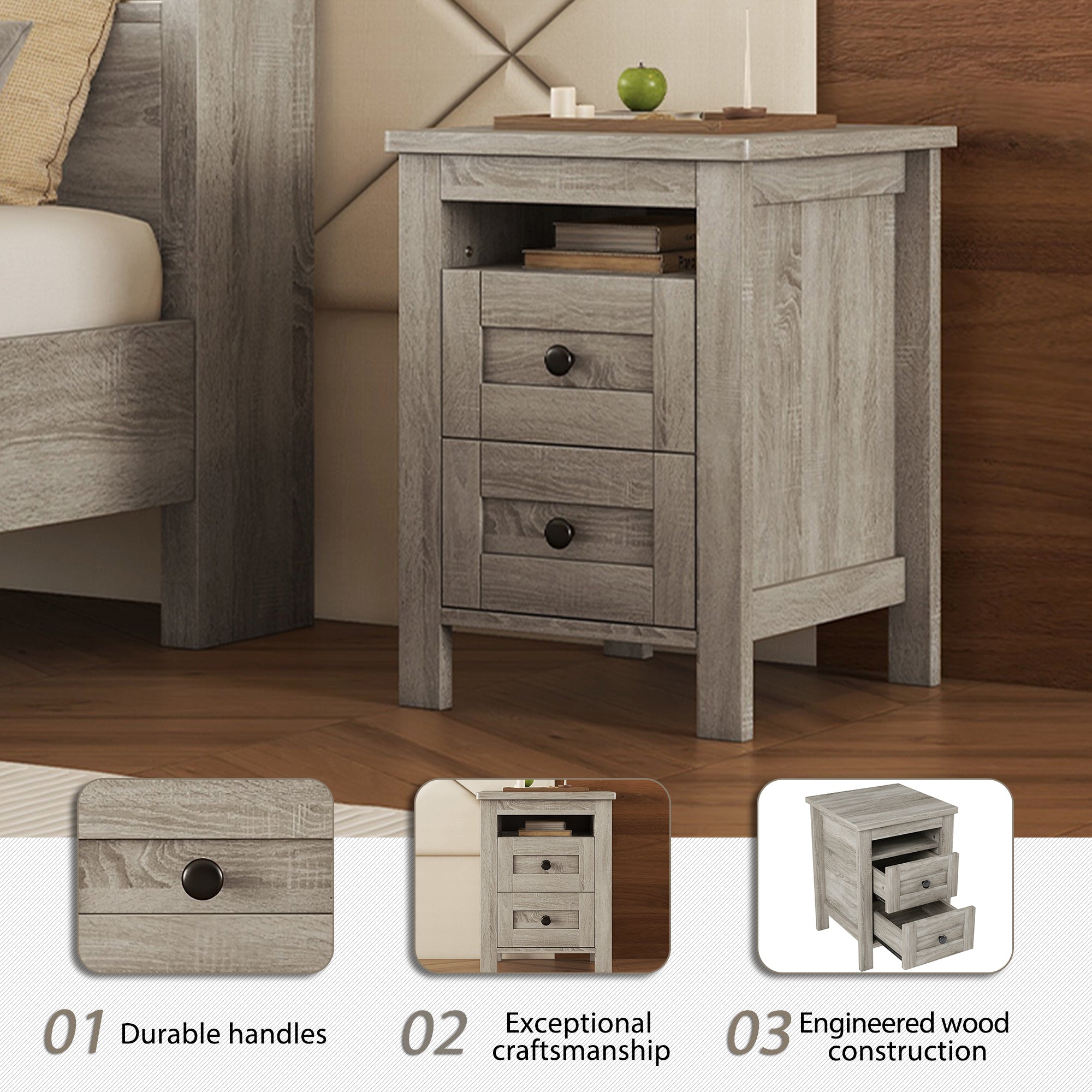 3-Pieces Bedroom Sets Queen Size Farmhouse Platform Bed with Double Sliding Door Storage Headboard and Charging Station, Storage Nightstand and Dresser, Antique Gray(Old SKU HL000092AAG) - Grand Goldman Shop
