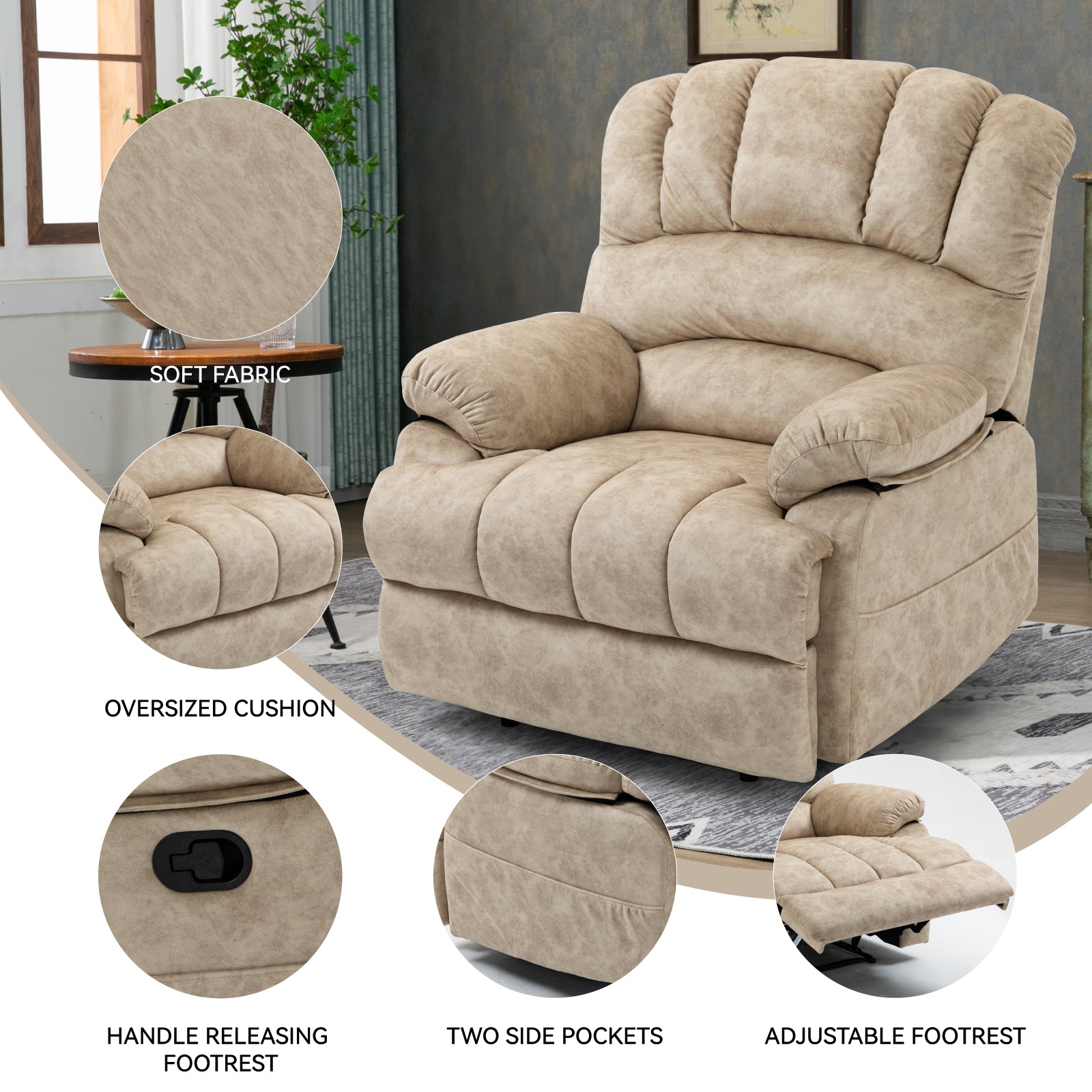 Large Manual Recliner Chair in Fabric for Living Room, Beige - Grand Goldman Shop