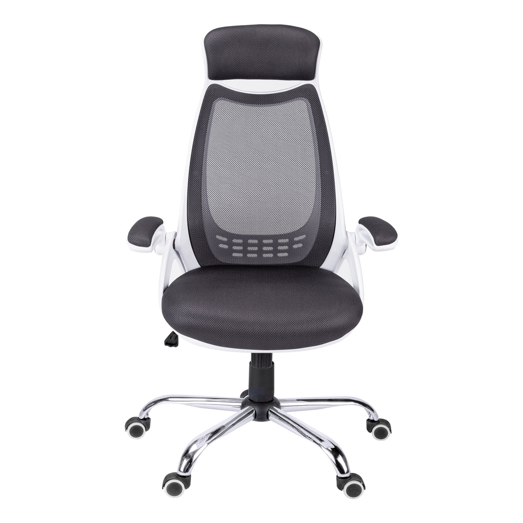 Contemporary Office Chair with Adjustable Height, Swivel, Ergonomic Design, Grey Mesh Fabric, Chrome Metal Base, Modern Work 