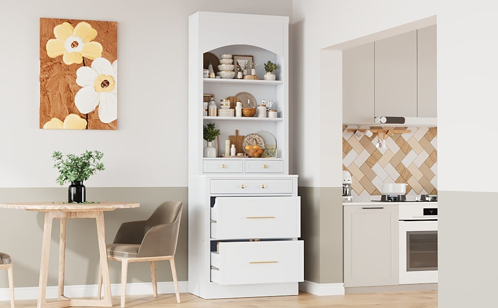 [Assembly Video Provided] TOPMAX Modern 83.7inch High Kitchen Pantry, Freestanding Tall Kitchen Hutch with Faux Marble Top, Display Cupboard Cabinet with 5 Storage Drawers and Adjustable Shelf, White - Grand Goldman Shop