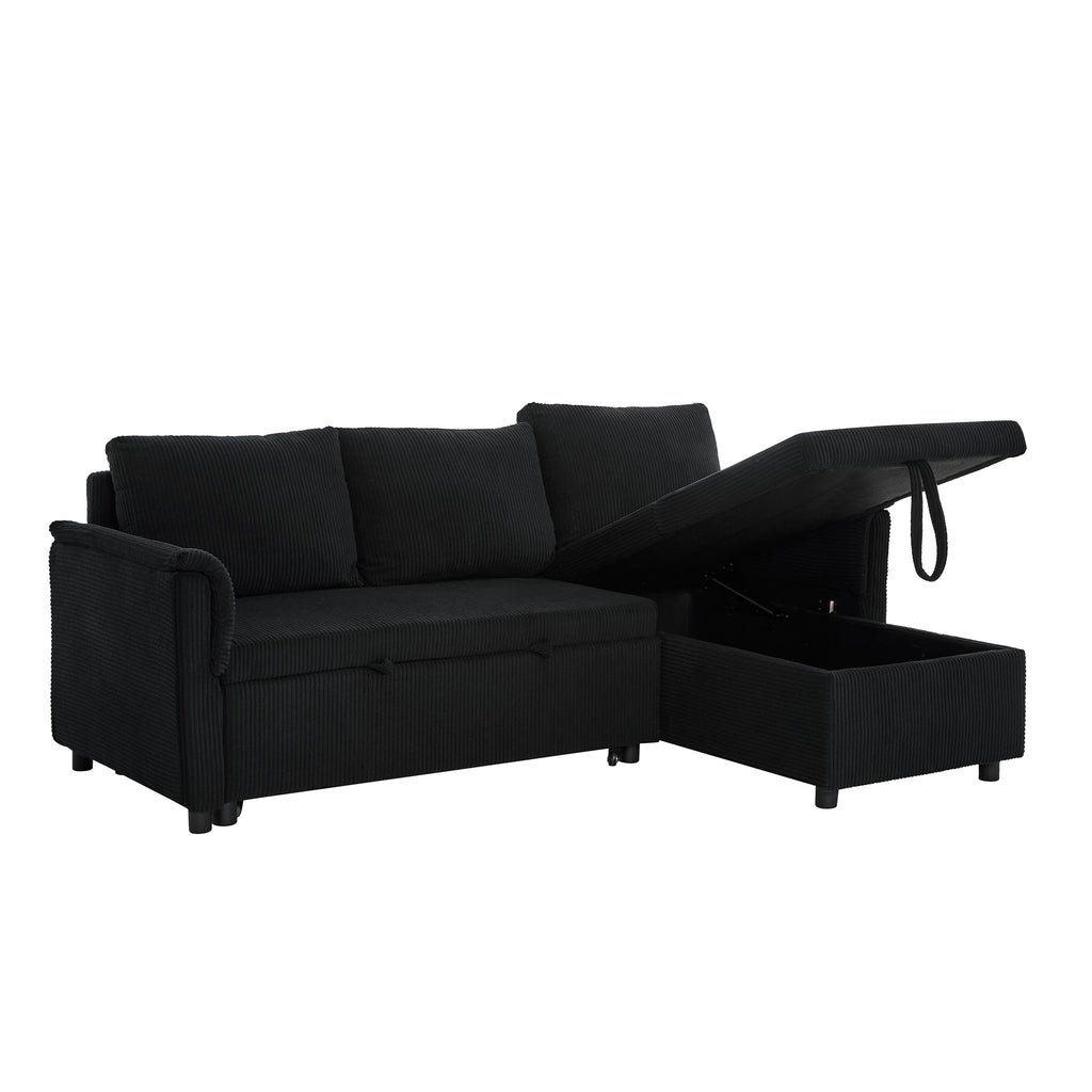 Loveseat Sofa with Chaise Lounge L-Shaped Modular Convertible Sofa with Storage Chaise, Corduroy Tufted Upholstered Sleeper Sectional Sofa,Pull Out Sleep Couch Bed and Reclining Backrest-Black - Grand Goldman Shop