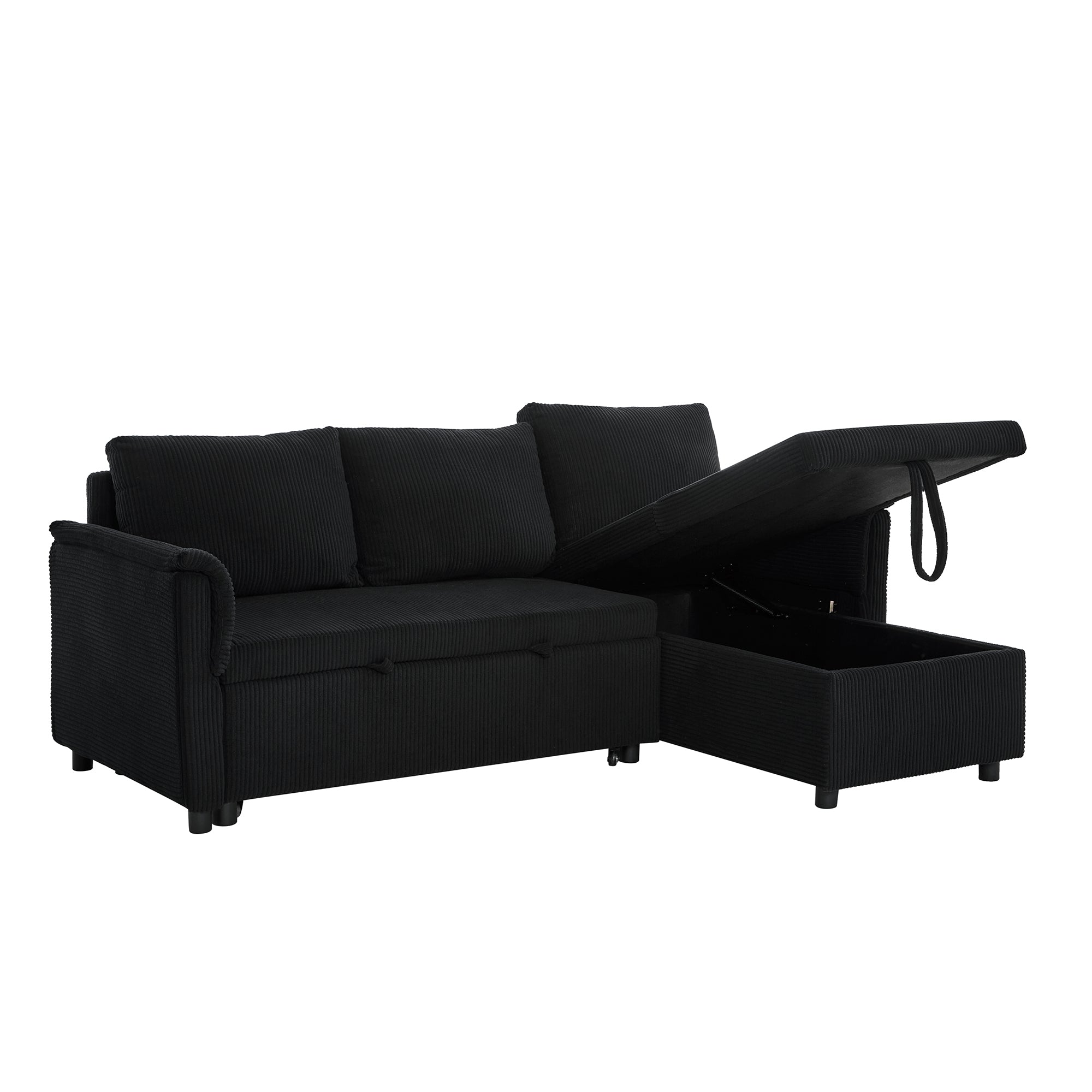 Loveseat Sofa with Chaise Lounge L-Shaped Modular Convertible Sofa with Storage Chaise, Corduroy Tufted Upholstered Sleeper Sectional Sofa,Pull Out Sleep Couch Bed and Reclining Backrest-Black - Grand Goldman Shop