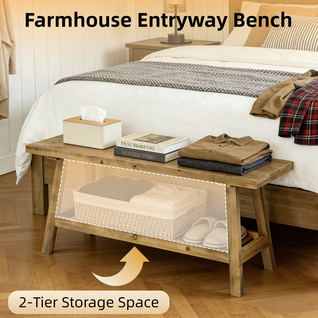 43' Farmhouse Wood Bench, 2-Tier Entryway Bench, Narrow Rustic Storage Bench with Open Storage Shelf for Entryway, Hallway, Living Room, Bedroom, Kitchen, Dining (Distressed Wood Color) - Grand Goldman Shop
