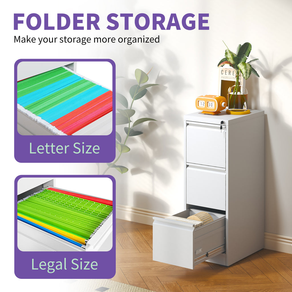 SteelCraft 3 Drawer Metal Vertical File Cabinet with Lock White Steel for A4 Legal/Letter Size | Premium Home Decor - Grand G