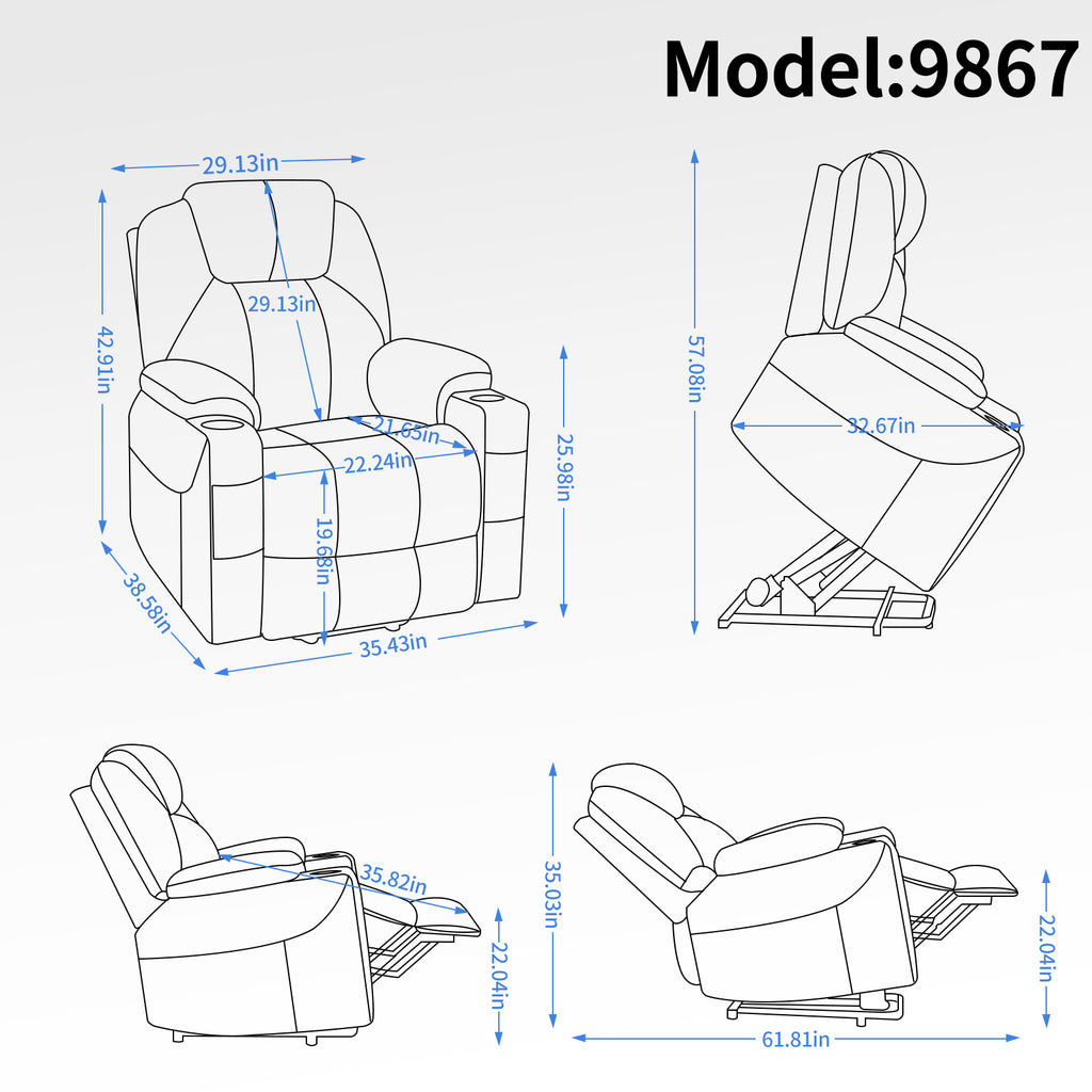 Up to 350 LBS Chenille Power Lift Recliner Chair, Heavy Duty Motion Mechanism with 8-Point Vibration Massage and Lumbar Heating, USB and Type-C Ports, Stainless Steel Cup Holders, Blue - Grand Goldman Shop
