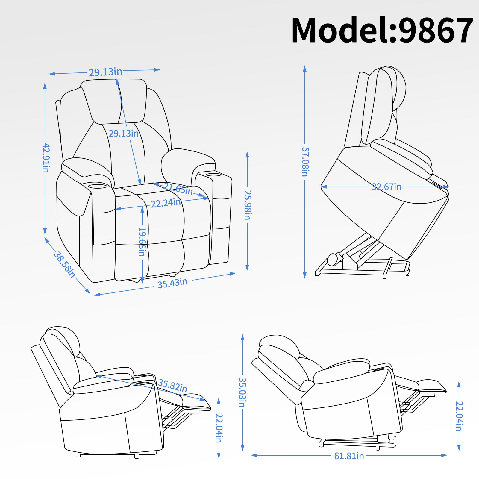 Up to 350 LBS Chenille Power Lift Recliner Chair, Heavy Duty Motion Mechanism with 8-Point Vibration Massage and Lumbar Heating, USB and Type-C Ports, Stainless Steel Cup Holders, Blue - Grand Goldman Shop