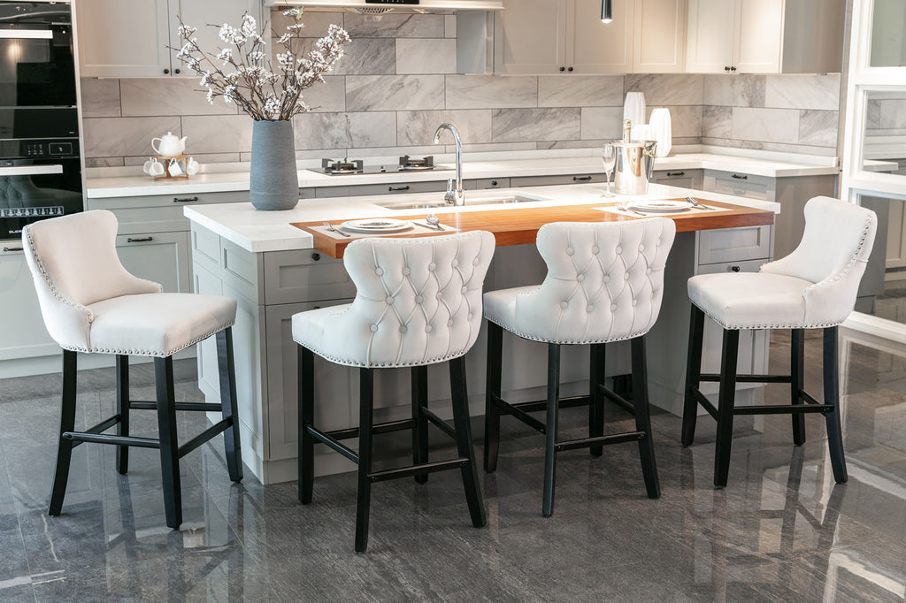 A&A Furniture,Contemporary Velvet Upholstered Wing-Back Barstools with Button Tufted Decoration and Wooden Legs, and Chrome Nailhead Trim, Leisure Style Bar Chairs,Bar stools, Set of 2 (Beige),SW1824B - Grand Goldman Shop