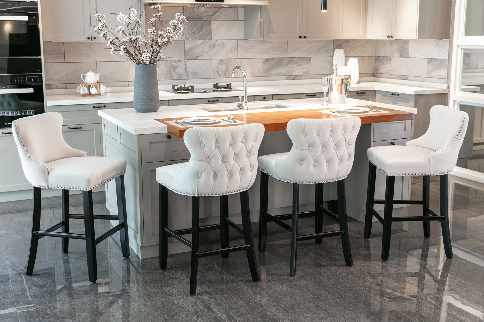 A&A Furniture,Contemporary Velvet Upholstered Wing-Back Barstools with Button Tufted Decoration and Wooden Legs, and Chrome Nailhead Trim, Leisure Style Bar Chairs,Bar stools, Set of 2 (Beige),SW1824B - Grand Goldman Shop